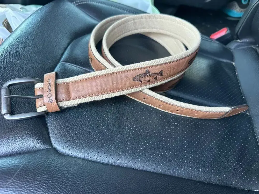 Columbia Men's Casual Fabric Belt with Leather Trim and Fish Design